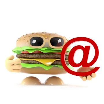 3d render of a beef burger holding an email address symbol Stock Illustration