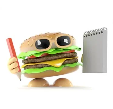 3d render of a beef burger holding a notepad and pencil Stockillustratie