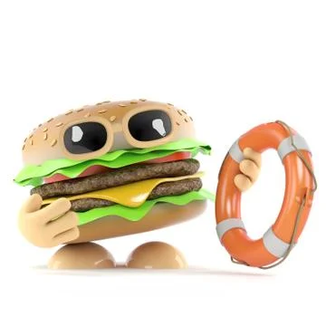 3d render of a beef burger holding a life ring Stockillustratie
