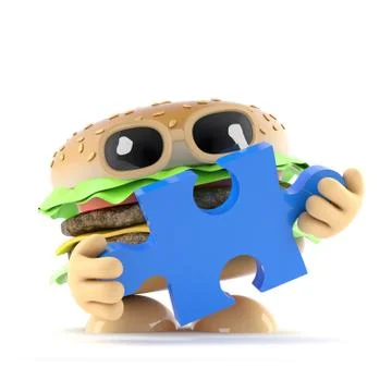 3d render of a beef burger holding a piece of a jigsaw puzzle Stock Illustration