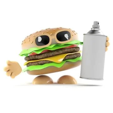 3d render of a beef burger holding an aerosol spray can Stock Illustration