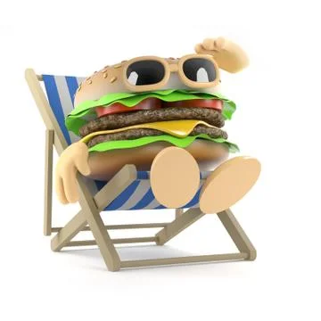 3d render of a beef burger sitting in a deckchair Stock Illustration