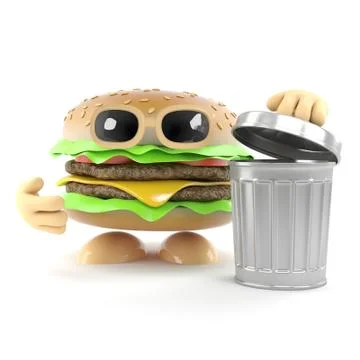 3d render of a beef burger with a trash can Stock Illustration