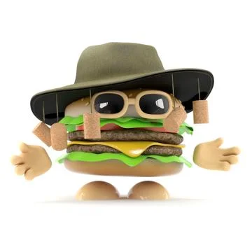3d render of a beef burger wearing an Australian bush hat Stock Illustration