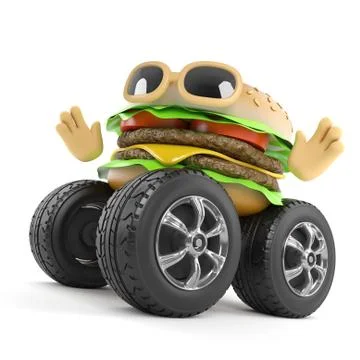 3d render of a beef burger on wheels Stock Illustration