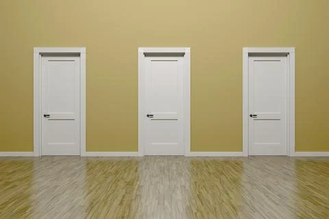 3D render of a beige wall and three doors in an empty flat with space for your Stockillustratie