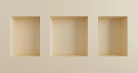 3d render beige wall with square and rectangle box shelves, empty three niches Stock Illustration