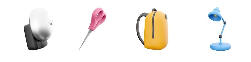 3d render bell, scissors, bag, lamp icon set on white background. 3d rendering Stock-Illustration