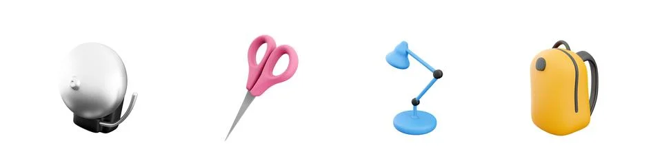 3d render bell, scissors, light bulb, school bag icon set on white background Stock Illustration