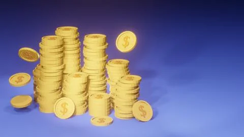 3D Render big pie of gold coin moving with copy space in blue background Stock Illustration