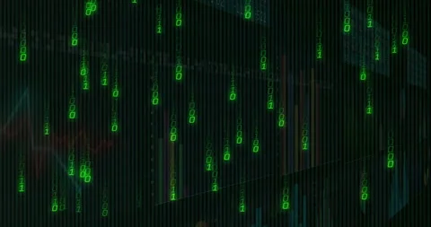 3D render binary code streaming through digital interface, revealing chart bars Video stock 309286720