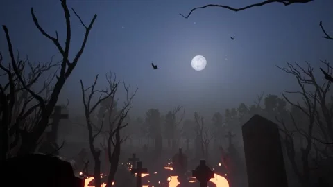 3d-render. Birds are circling over an old abandoned cemetery under a full moon. Stock Footage 219051874