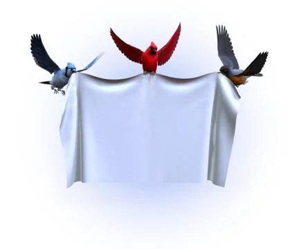 3D render of birds holding up a blank banner. Stock Illustration