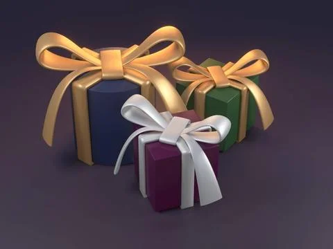 3d render of bit boxes in dark colors with golden and silver ribbons. Chri... Stock Photos