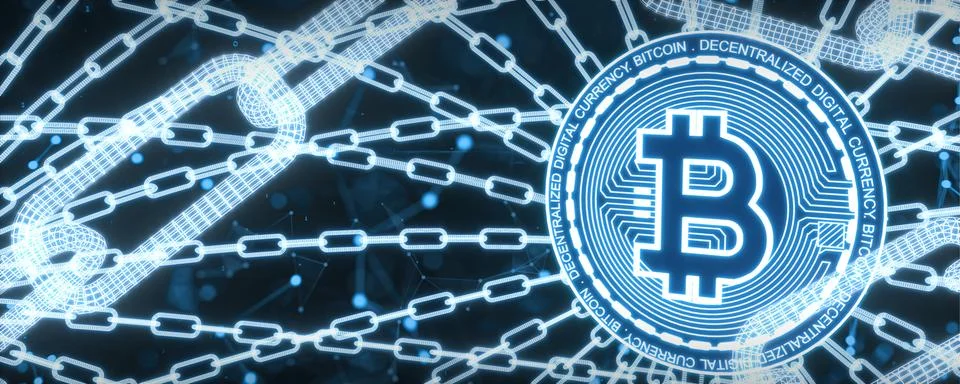 3D Render Bitcoin and Block chain for Cryptocurrency in future Blue backgroun Stock-Illustration