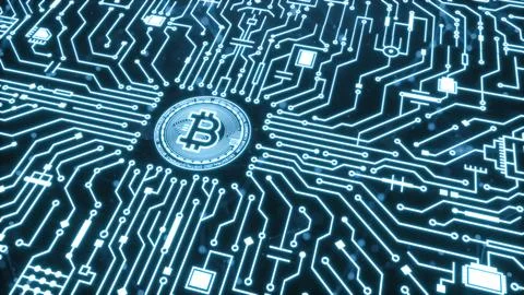 3D Render Bitcoin and Block chain for Cryptocurrency in future Blue backgroun Stock-Illustration