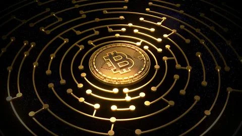 3D Render Bitcoin around with gold circle circuit board for Cryptocurrency .. Stock Illustration
