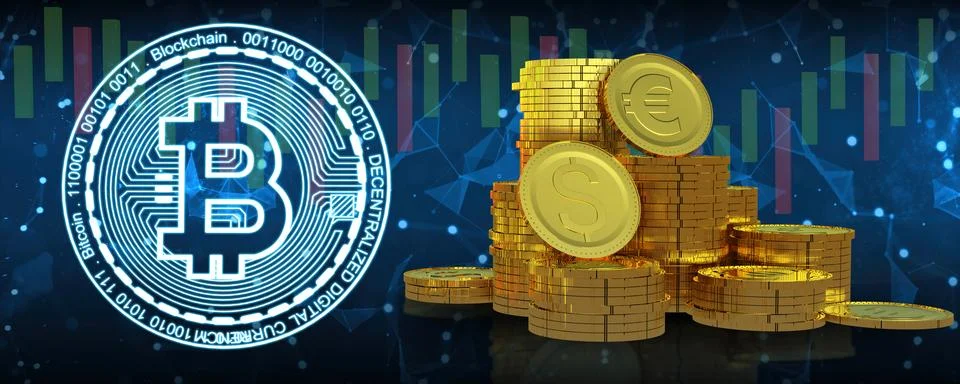 3d render bitcoin compare coins or money.it is future of world. Stock-Illustration