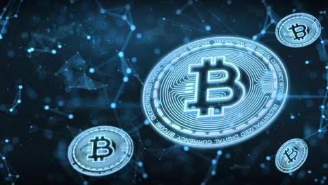 3D Render Bitcoin for Cryptocurrency on Future Blue background. Stock-Illustration