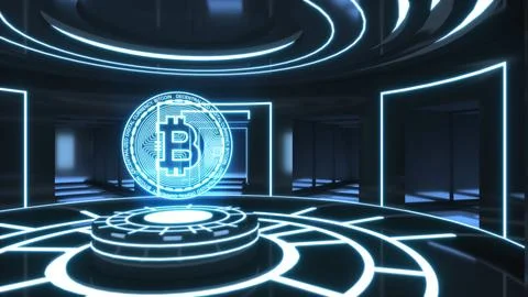 3D Render Bitcoin in future background on podium. Stock-Illustration