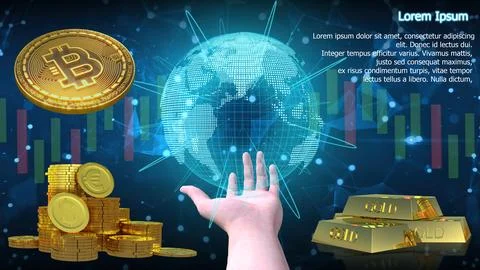 3d render bitcoin money coins and gold.it is future of world. Stock-Illustration