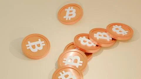 3D Render of Bitcoin Tokens in Minimalist Space 库存插图
