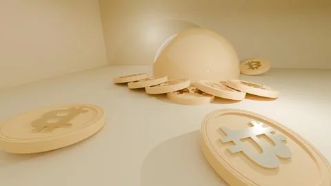 3D Render of Bitcoin Tokens in Minimalist Space 库存插图