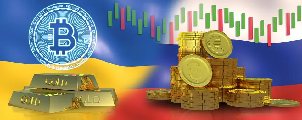 3d render bitcoin,gold,coins.It has take effect news from Ukraine and Russia Stock Illustration