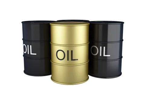 3d render of black and gold oil barrels on white Stock Illustration