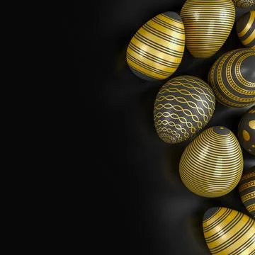 3d render of black and gold easter eggs on dark background. 스톡 일러스트