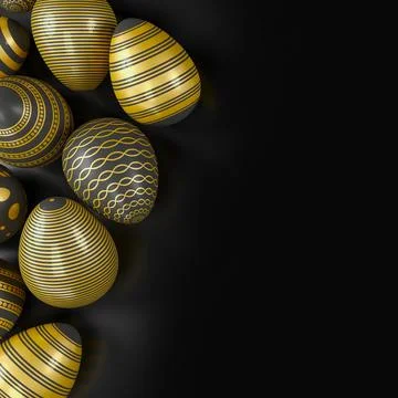 3d render of black and gold easter eggs on dark background. Stock Illustration