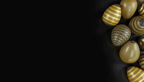 3d render of black and gold easter eggs on dark background. 스톡 일러스트
