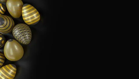 3d render of black and gold easter eggs on dark background. 스톡 일러스트