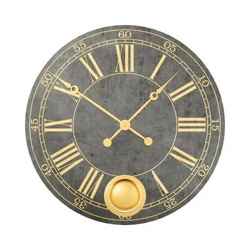 3D render of a black and gold clock with a pendulum on the face Illustrazione stock