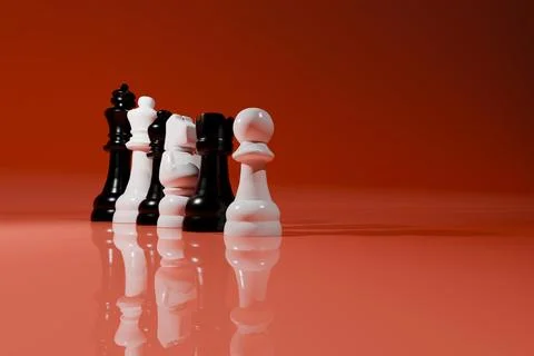 3d render of black and white chess pieces on a glossy red background Stock Illustration