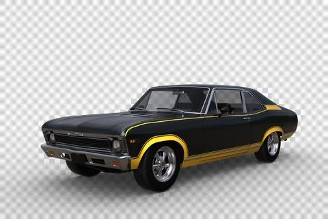 3D render of a black and yellow retro American muscle car isolated on transpa Stock Illustration