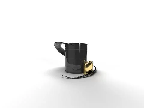 3d render. A black barrel with oil and a golden canister of gasoline in a sp Stock Illustration