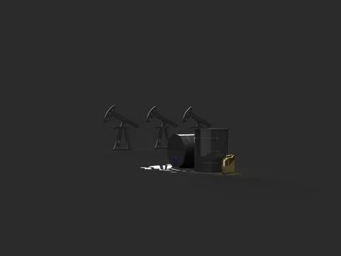 3d render. Black barrels with oil and a golden canister of gasoline on the b Stock Illustration