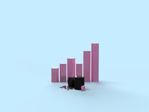 3d render. Black barrels of oil and a pink canister of gasoline against the  Stock Illustration