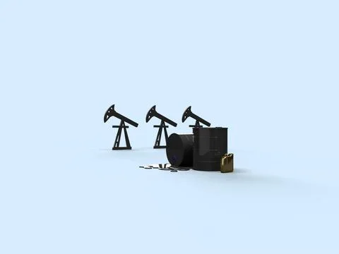3d render. Black barrels with oil and a golden canister of gasoline on the b Stock Illustration