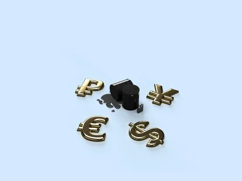 3d render. Black barrels of oil and a black canister of gasoline with a curr Stock Illustration