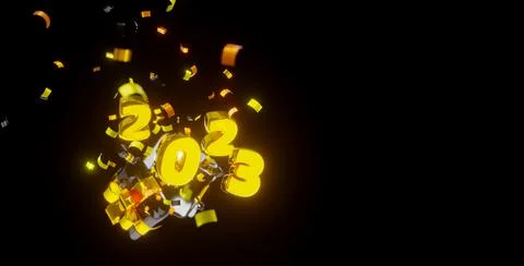 3d render. Black box with gold ribbon. Flying golden confetti and numbers 202 Stock Illustration