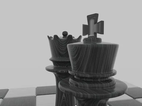 3D render of black chess pieces on a board isolated on white background Illustrazione stock