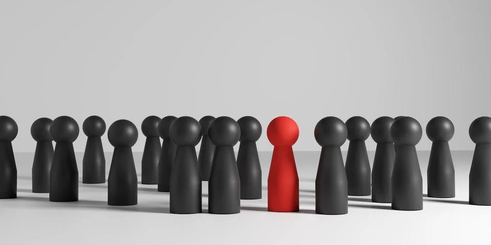 3D render of black dolls like with one red doll standing in the middle on g.. Stock Photos