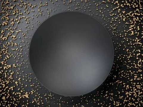 3d render of black empty round plate or banner over black background and golden Stock Illustration
