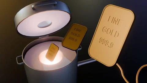 3D render of a black foundry kiln with gold bars Stockillustratie