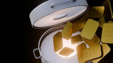 3D render of a black foundry kiln with gold bars Stockillustratie