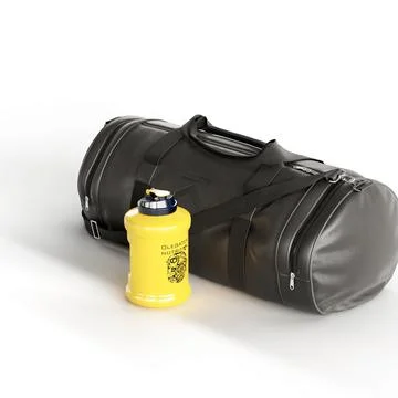 3D render of a black gym bag and a big yellow tumbler isolated on a white backgr Illustrazione stock