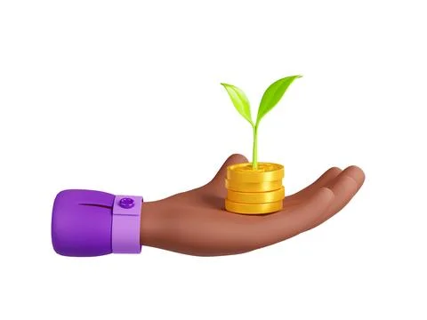 3d render black hand with coin stack and sprout Stock Illustration
