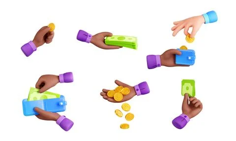 3d render black hand with money isolated icons set Stock Illustration